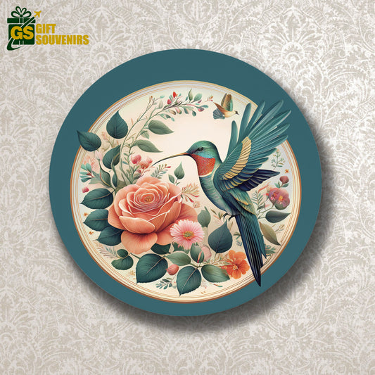 Framed Elegance – Hummingbird with Roses Ceramic Plate