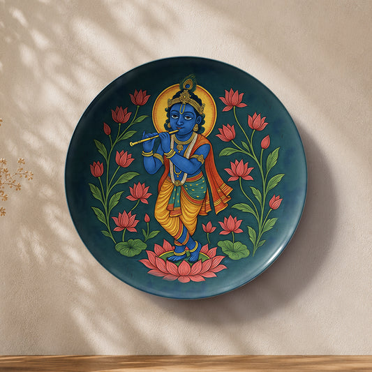 Krishna Indian heritage ceramic wall plate souvenir with traditional devotional artwork