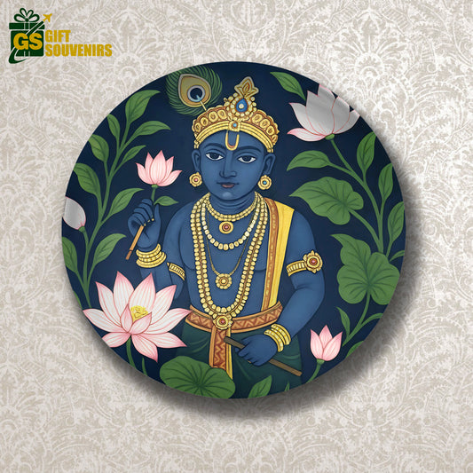 Sacred Symphony – Krishna Amidst the Lotus Bloom Ceramic Plate