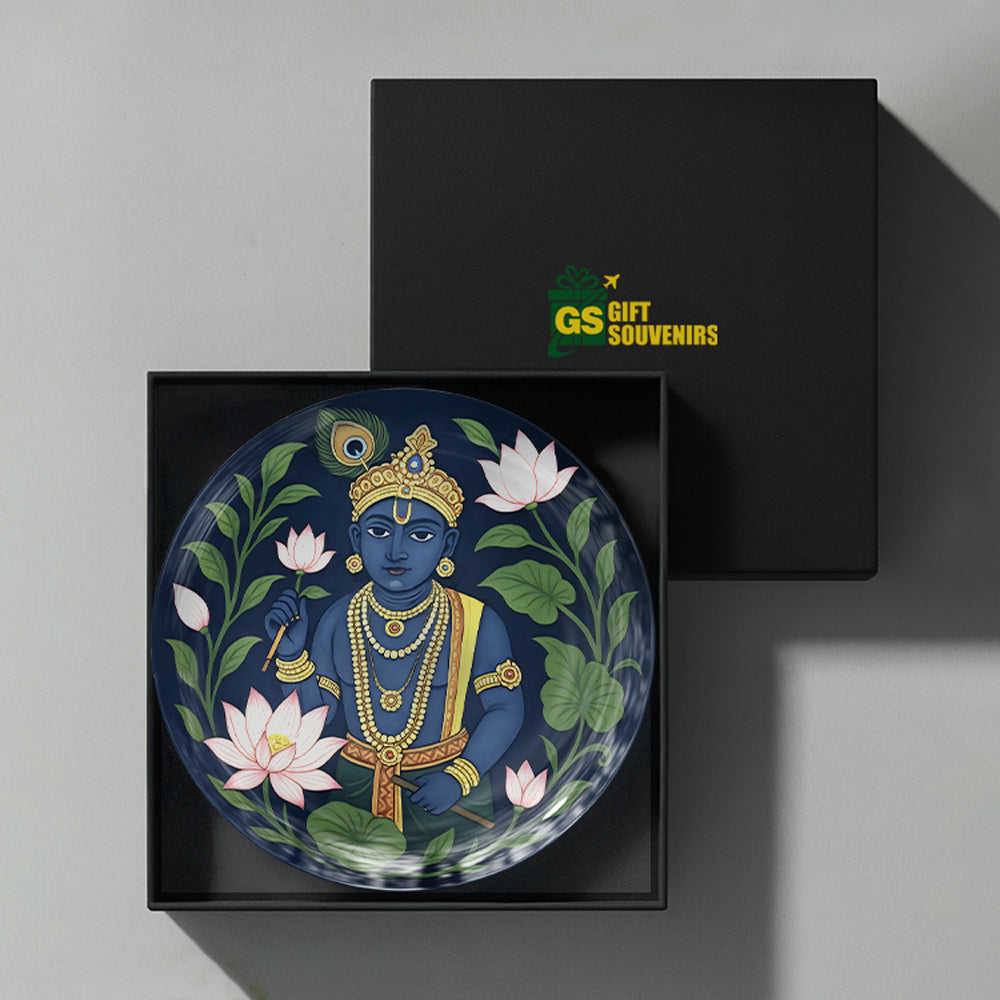 Premium Indian heritage ceramic wall plate featuring Krishna surrounded by lotus flowers and lush greenery