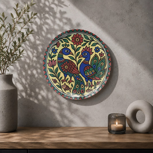 Madhubani ceramic wall plate souvenir with birds, flowers, leaves and intricate traditional patterns