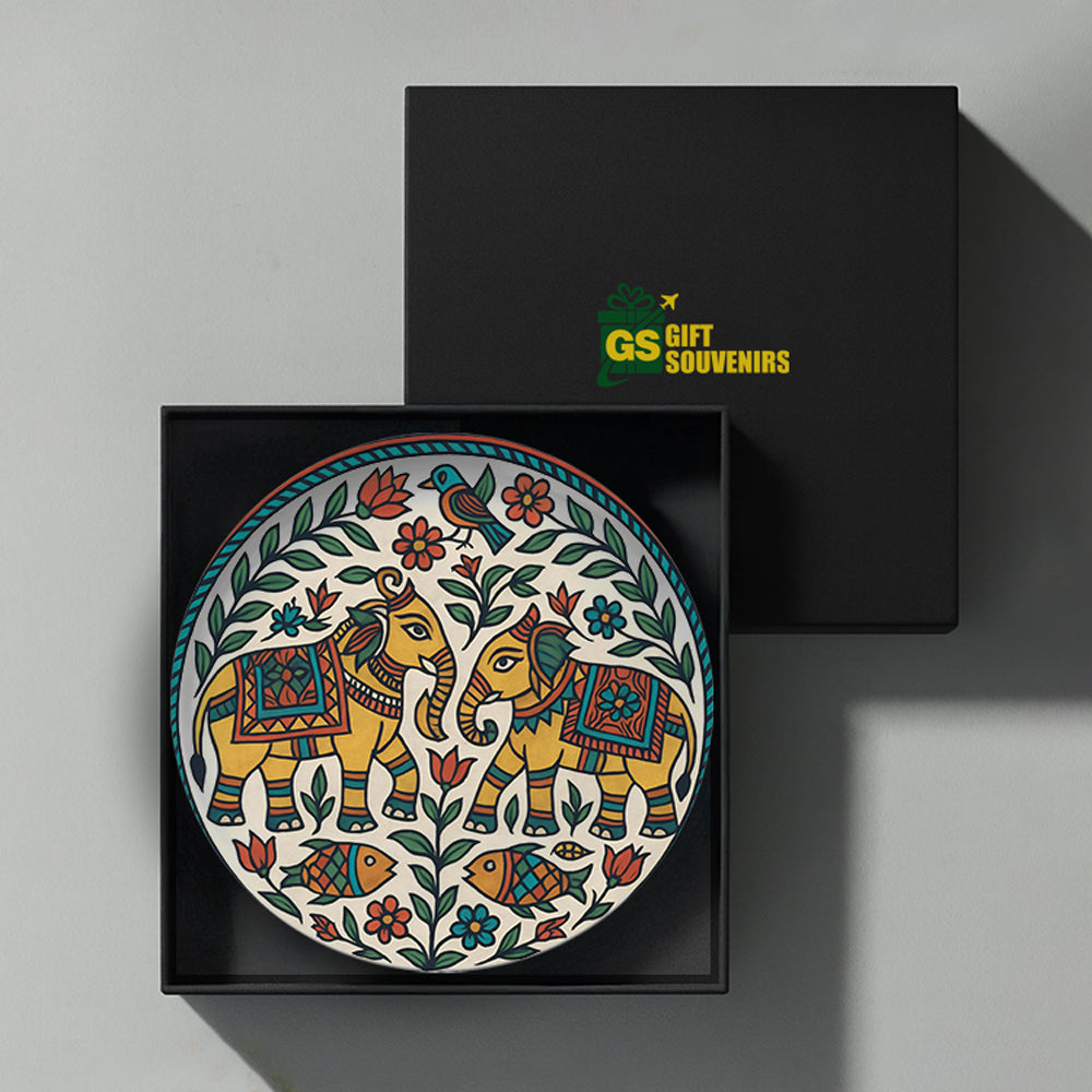 Madhubani Majesty – Royal Elephants of Prosperity Ceramic Plate