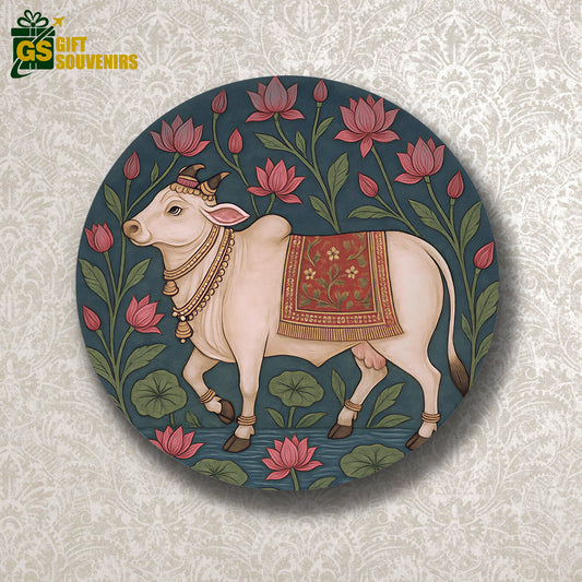 Sacred Serenity – Divine Cow with Lotus Motif Ceramic Plate