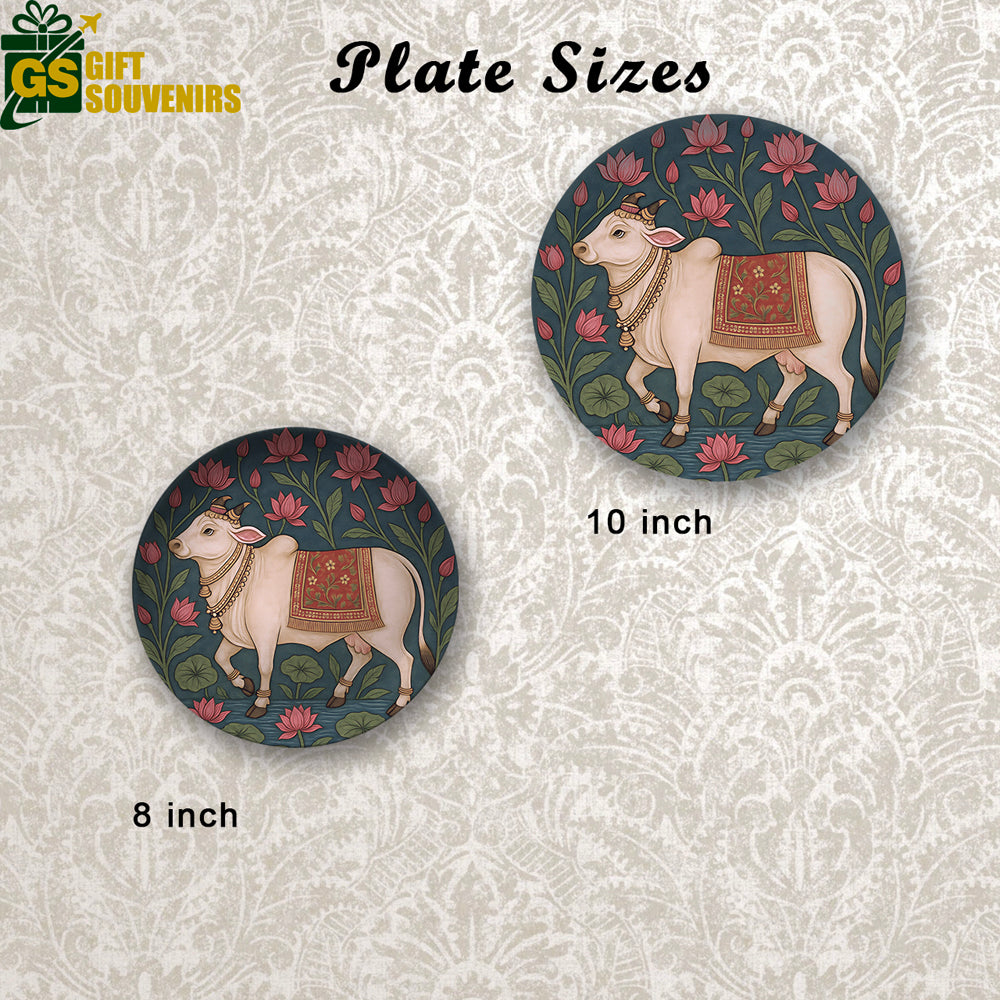 Sacred Serenity – Divine Cow with Lotus Motif Ceramic Plate