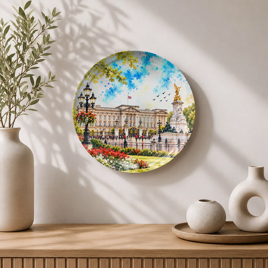 Premium ceramic wall plate showcasing Buckingham Palace surrounded by colourful gardens and flowers.