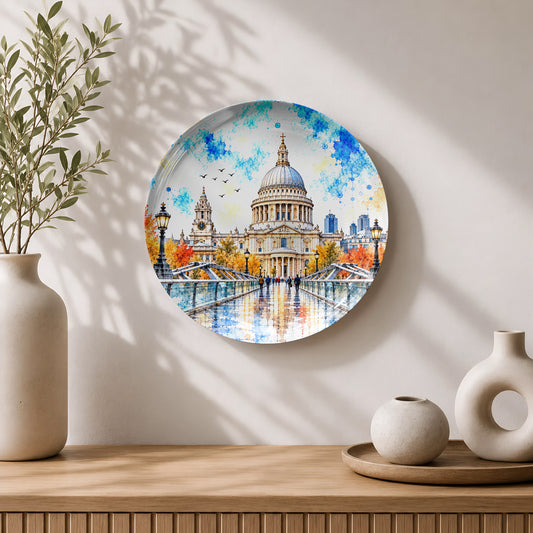 Premium ceramic wall plate showcasing St. Paul’s Cathedral with colourful autumn trees and London architecture.
