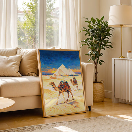 Pyramids of Giza surrounded by golden desert sands with decorated camels in the foreground