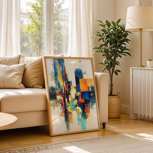 Modern abstract painting with expressive brushstrokes and layered blocks of blue, orange, red, and turquoise