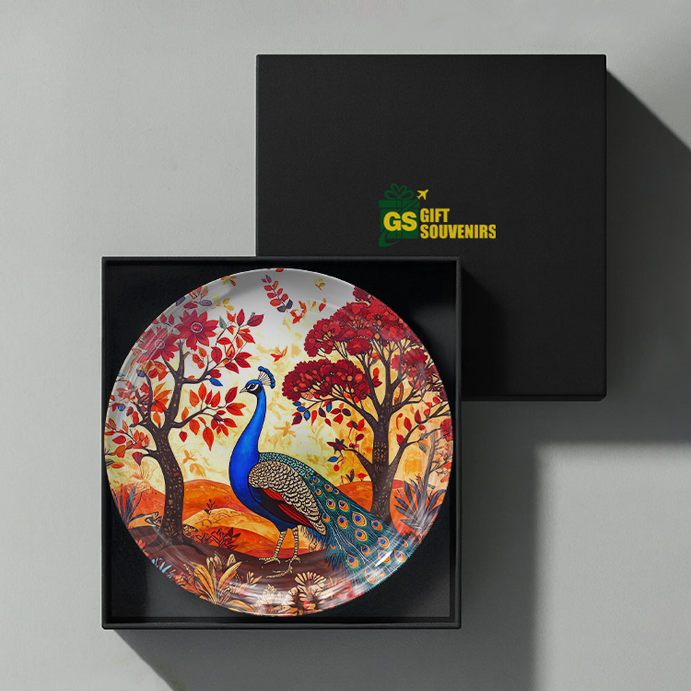 Indian folk-art inspired peacock ceramic wall plate representing nature, harmony, beauty, and positive energy.