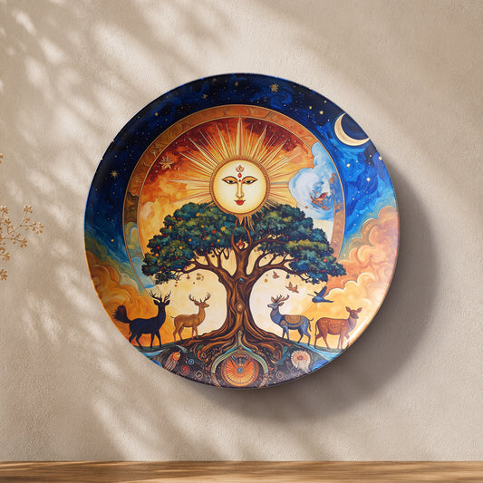 Cosmic Tree of Life ceramic wall plate with radiant sun, moon, and rich blue and golden artwork.