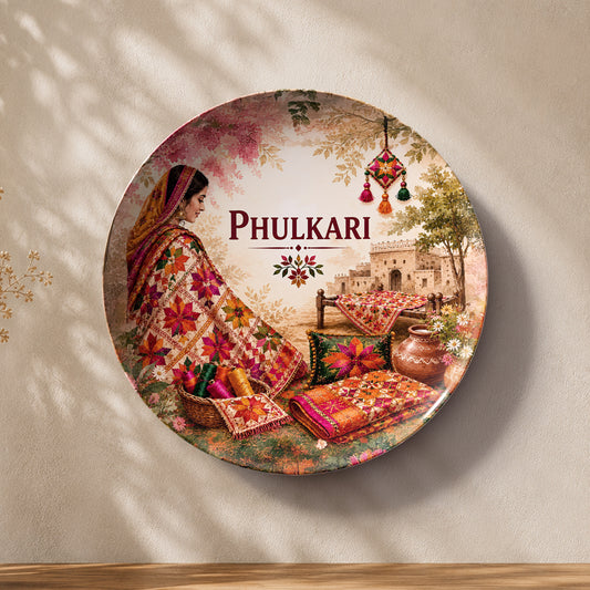 Phulkari Art ceramic wall plate inspired by Punjab heritage and traditional Punjabi craftsmanship