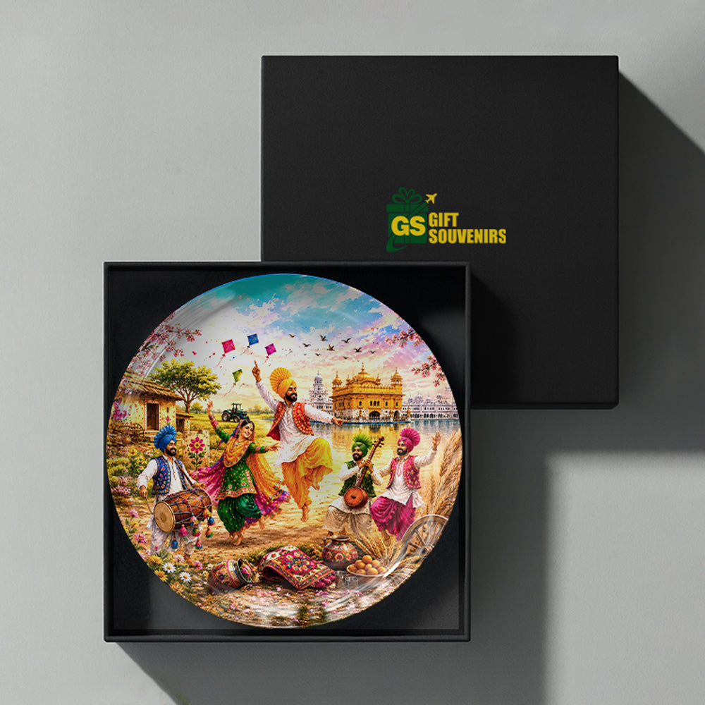 Punjabi folk art ceramic wall plate presented in a premium gift box as a Punjab heritage souvenir