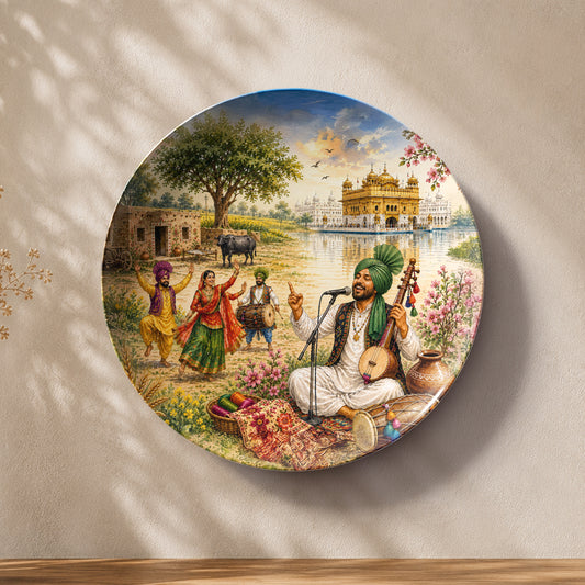Punjab folk art ceramic wall plate inspired by Punjabi music, dance and village heritage