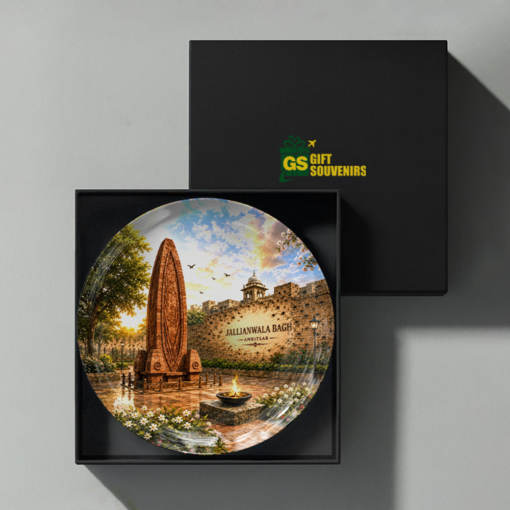 Jallianwala Bagh ceramic wall plate presented in a premium gift box as a Punjab heritage souvenir