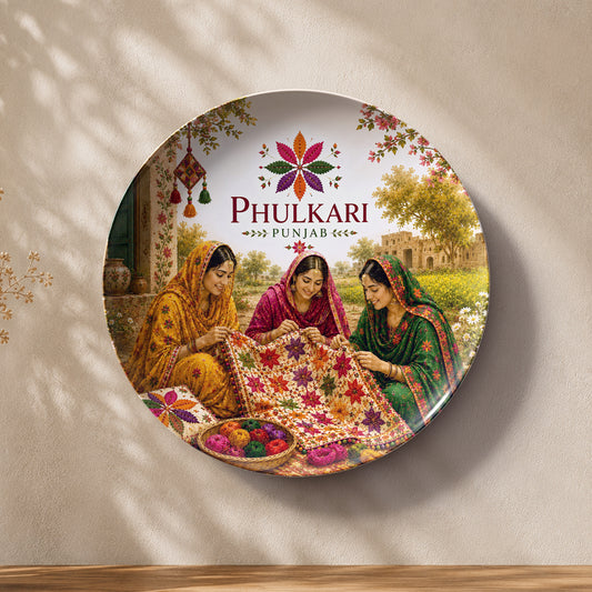 Punjab folk art ceramic wall plate inspired by traditional Phulkari embroidery and Punjabi heritage