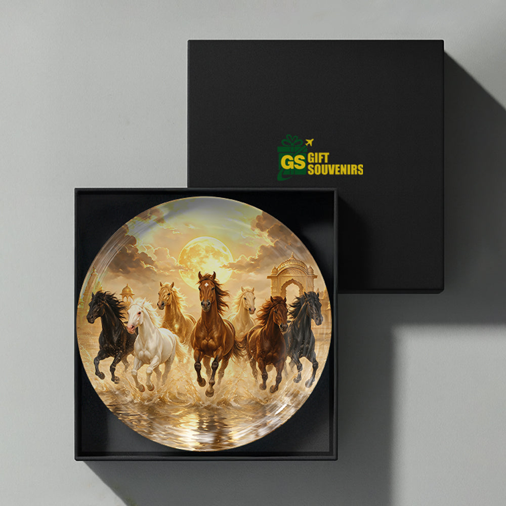 Seven horses Vaastu ceramic wall plate presented in a premium gift box for prosperity gifting