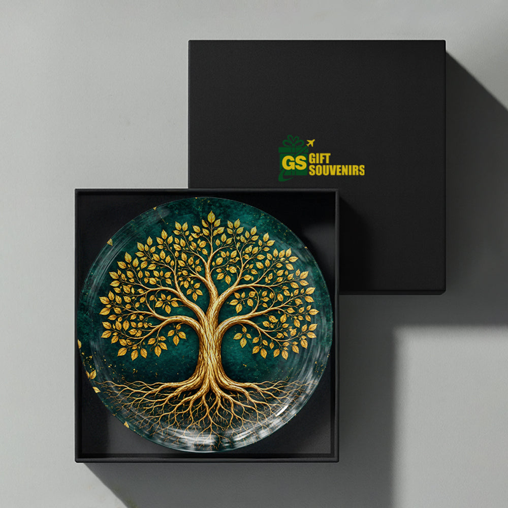 Golden Tree of Life Vaastu ceramic wall plate presented in a premium gift box for gifting