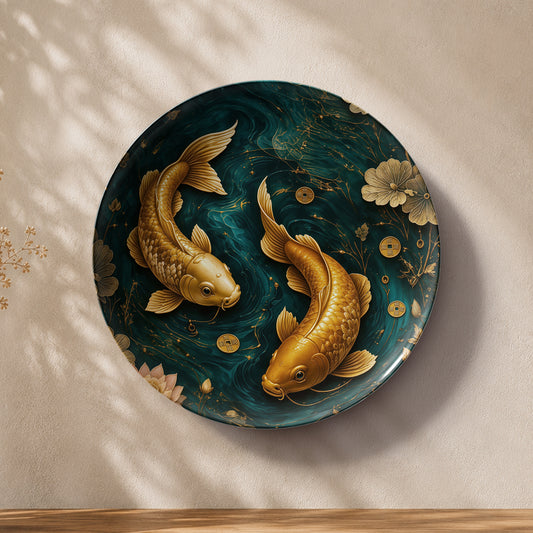 Golden Twin Koi ceramic wall plate symbolizing wealth, prosperity and harmony for Vaastu decor