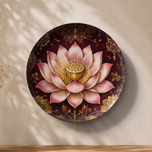 Crimson Lotus ceramic wall plate symbolizing abundance and prosperity for Vaastu home decor