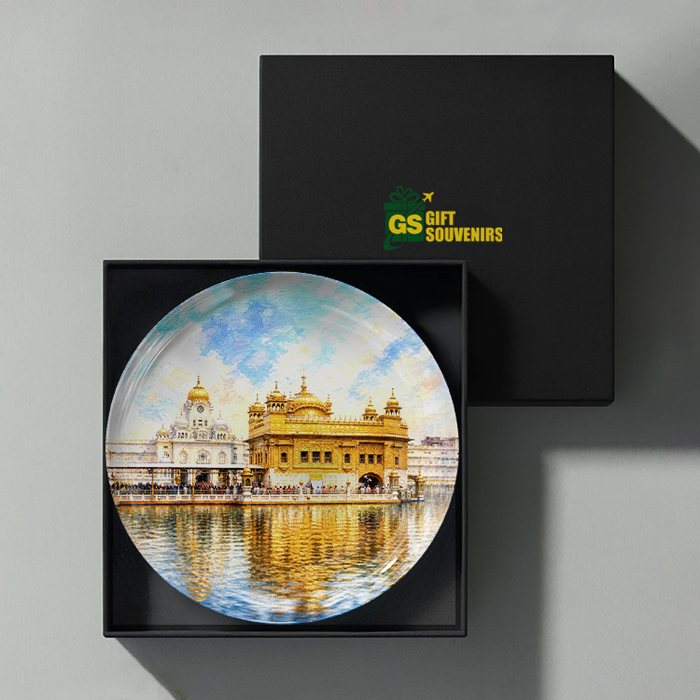 Golden Temple Amritsar ceramic wall plate presented in a premium gift box as a Punjab souvenir