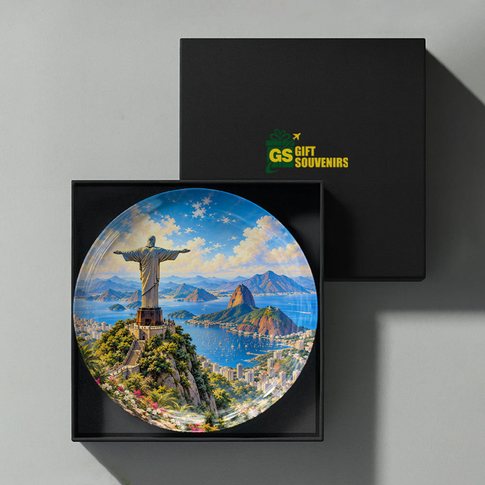 Rio Vista premium ceramic wall plate inspired by Rio de Janeiro, Christ the Redeemer and Guanabara Bay.