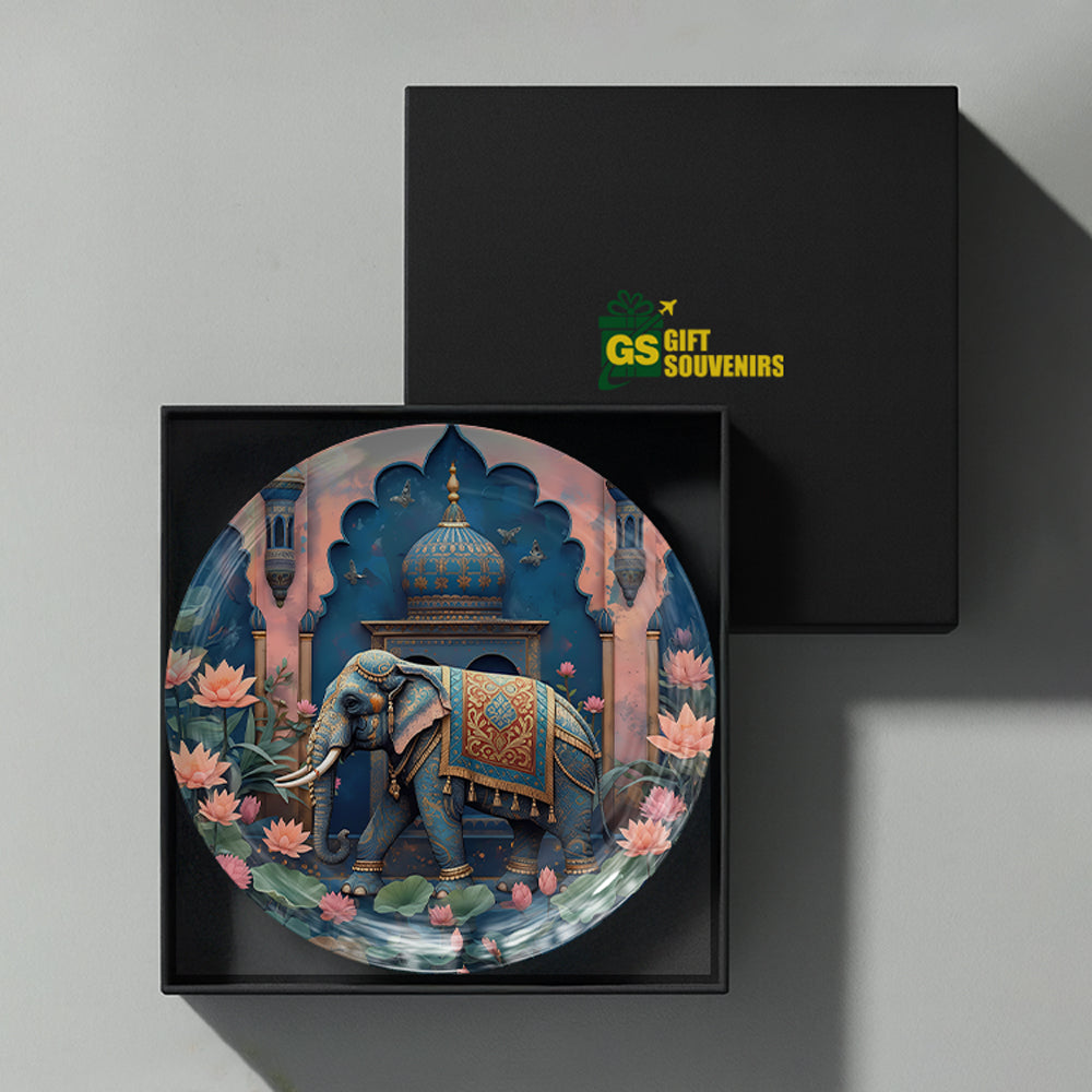 Royal Indian elephant artwork printed on a premium ceramic wall plate for elegant heritage-inspired home décor.