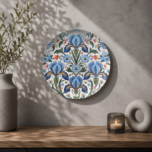 Floral ceramic wall plate souvenir with blue, teal, green and ivory botanical patterns
