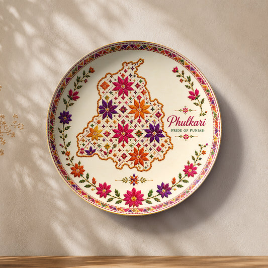 Phulkari ceramic wall plate souvenir featuring Punjab map and vibrant traditional floral motifs