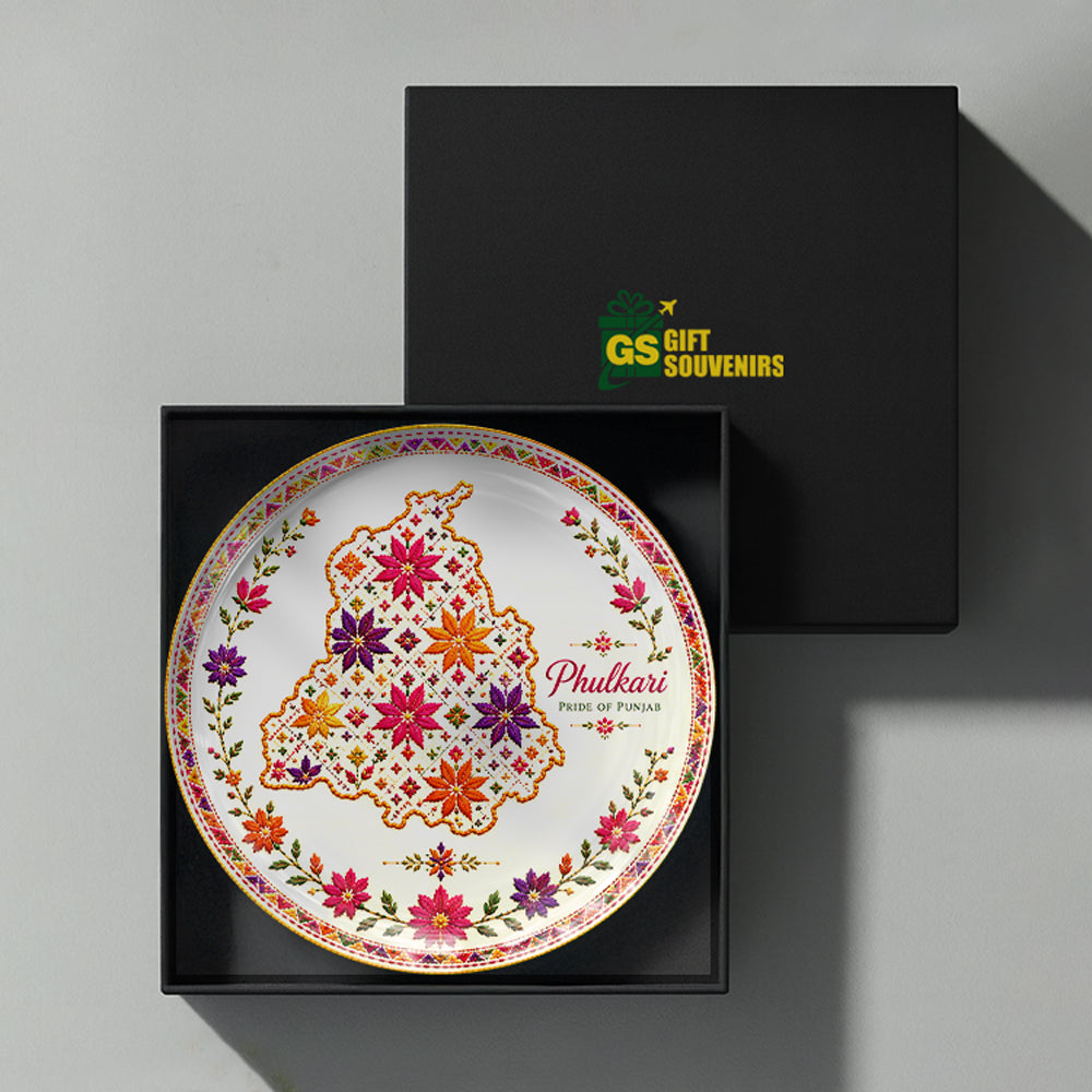 Premium Phulkari ceramic wall plate souvenir celebrating Punjab's rich cultural heritage
