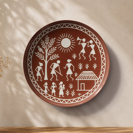 Warli heritage ceramic wall plate souvenir inspired by Maharashtra folk art and rural traditions