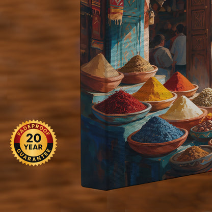 Marrakech travel canvas wall art depicting a vibrant spice market with Moroccan crafts, warm terracotta architecture, and shoppers
