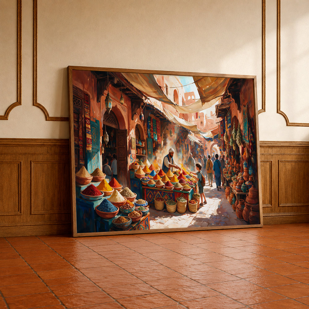 Museum Grade Canvas Wall Art depicting a colourful Marrakech market filled with spices and traditional Moroccan crafts