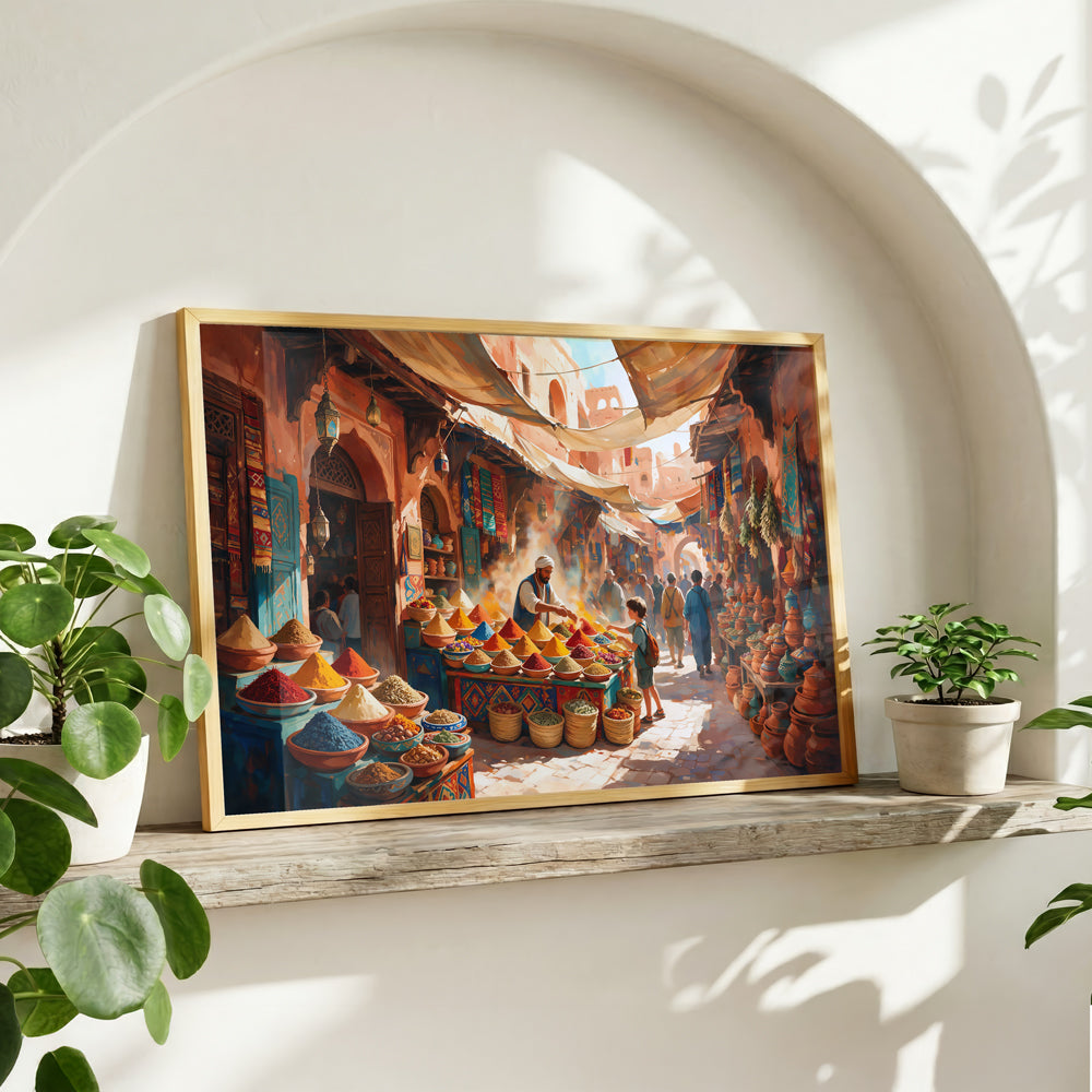 Moroccan spice market artwork with vibrant pyramids of spices, pottery, baskets, lanterns, and a bustling souk