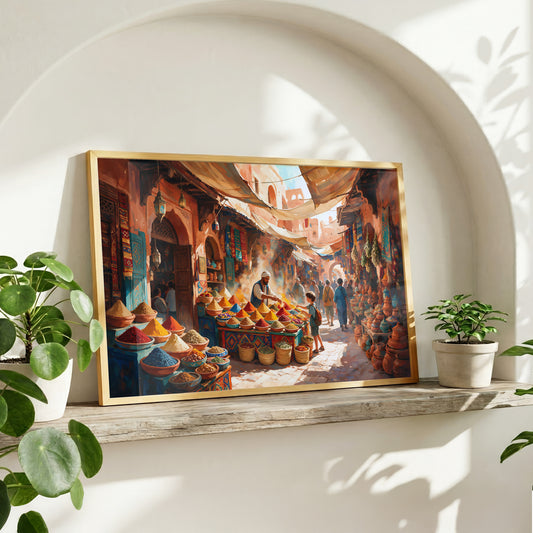 Moroccan spice market artwork with vibrant pyramids of spices, pottery, baskets, lanterns, and a bustling souk