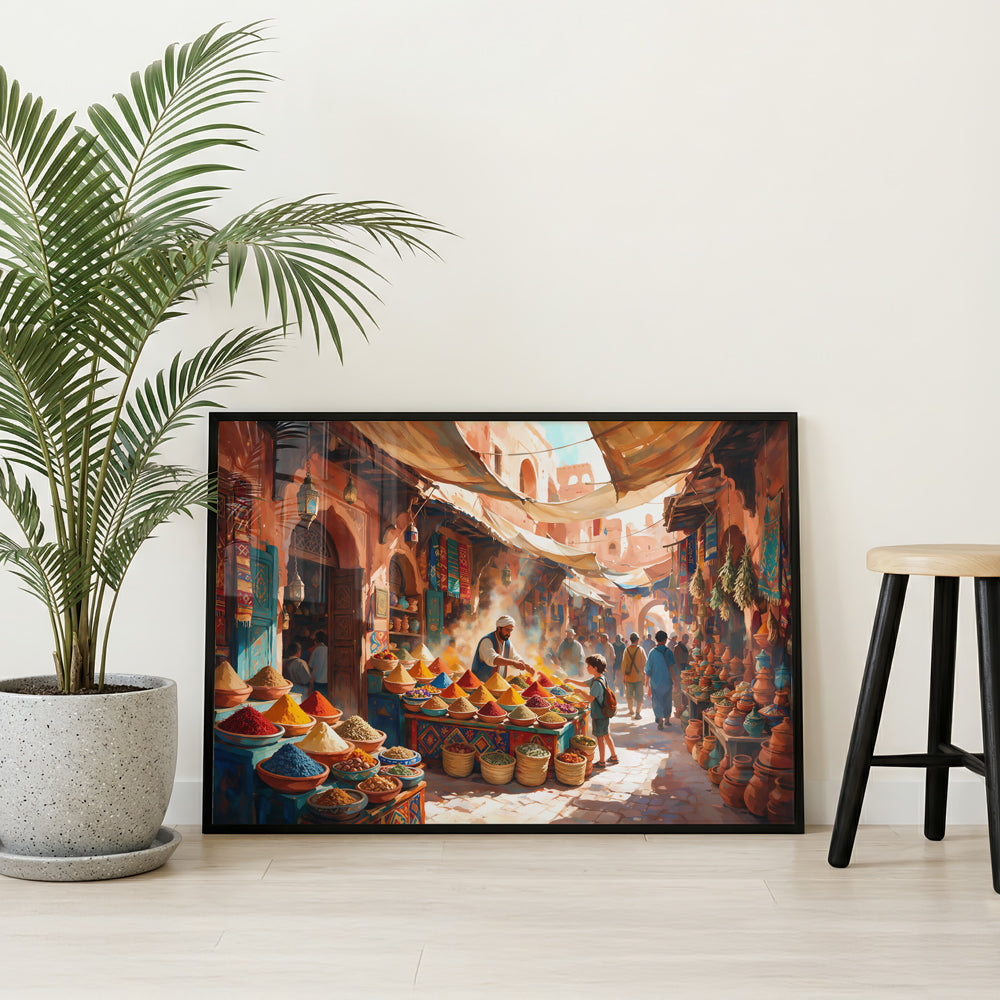 Marrakech Morocco wall art featuring a traditional souk, colourful spice displays, terracotta buildings, and market shoppers