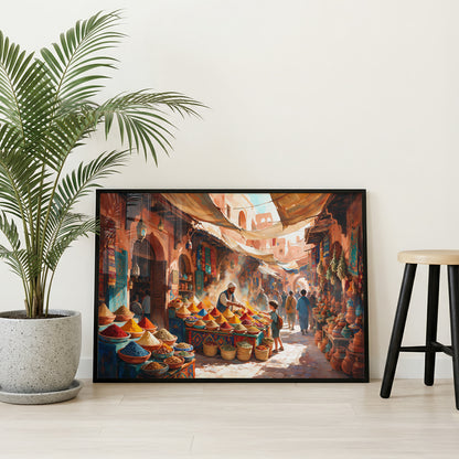 Marrakech Morocco wall art featuring a traditional souk, colourful spice displays, terracotta buildings, and market shoppers