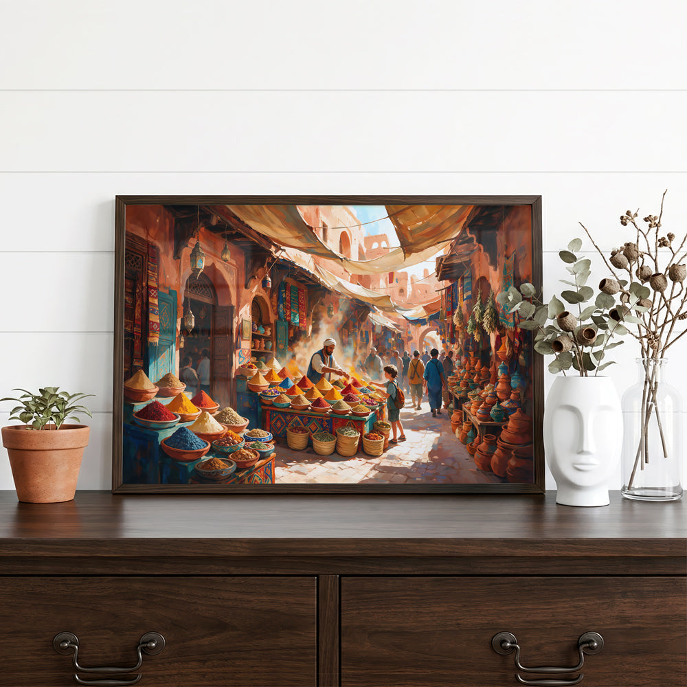Travel-inspired Marrakech canvas wall art featuring a vibrant Moroccan spice market beneath traditional fabric canopies