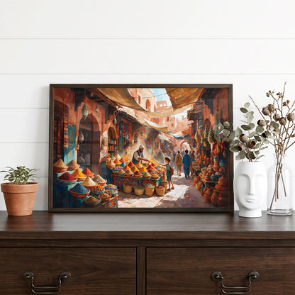 Travel-inspired Marrakech canvas wall art featuring a vibrant Moroccan spice market beneath traditional fabric canopies