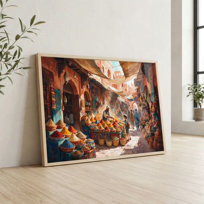 Marrakech souk canvas wall art featuring colourful spice stalls, Moroccan pottery, market vendors, and traditional architecture