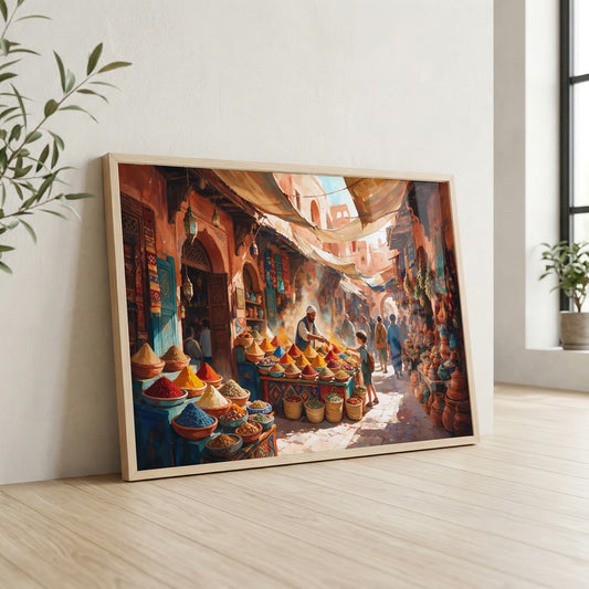 Marrakech souk canvas wall art featuring colourful spice stalls, Moroccan pottery, market vendors, and traditional architecture