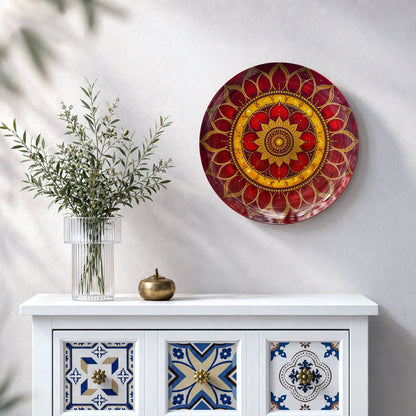 Floral mandala ceramic wall plate featuring layered petals, radial symmetry and ornate golden patterns