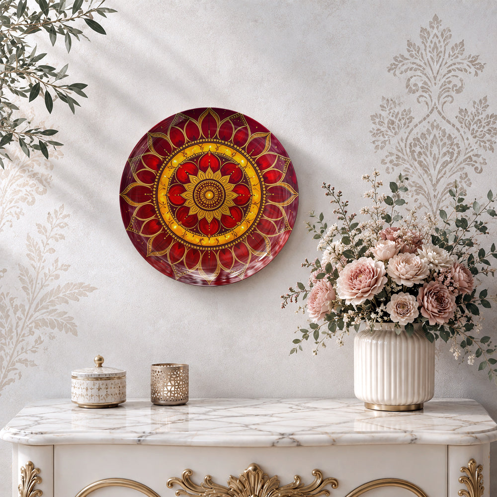 Crimson floral mandala ceramic wall plate souvenir for elegant Indian-inspired home décor