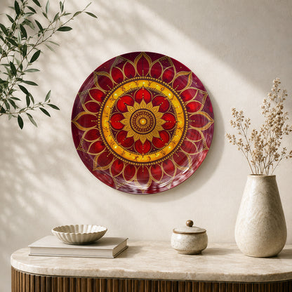 Crimson Bloom Mandala ceramic wall plate featuring intricate red floral petals and golden details