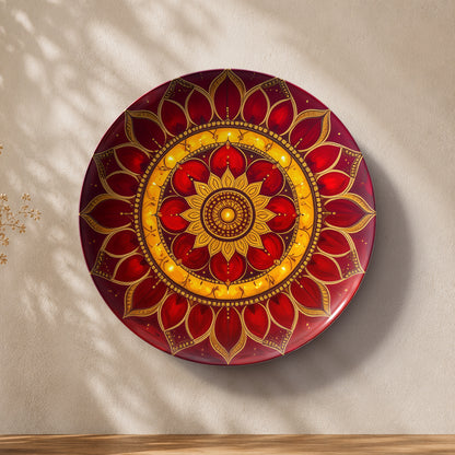 Indian mandala ceramic wall plate souvenir with rich crimson, burgundy, red and gold artwork