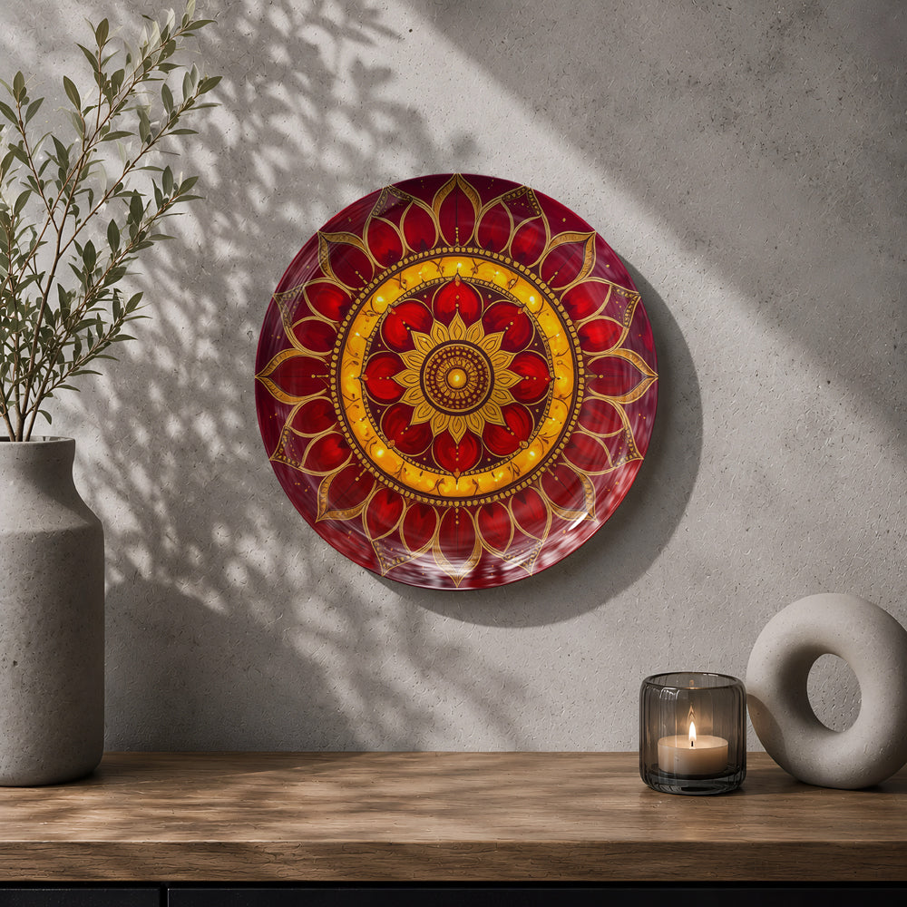 Crimson Bloom Mandala ceramic wall plate inspired by Indian floral ornamentation and decorative art
