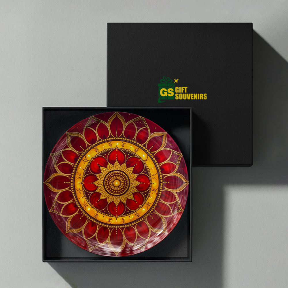 Premium red mandala ceramic wall plate featuring symmetrical floral layers and detailed ornamental borders