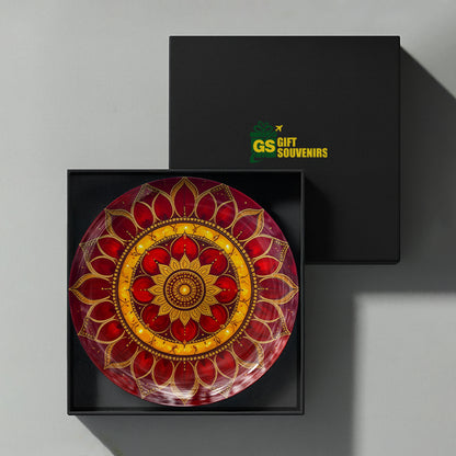 Premium red mandala ceramic wall plate featuring symmetrical floral layers and detailed ornamental borders