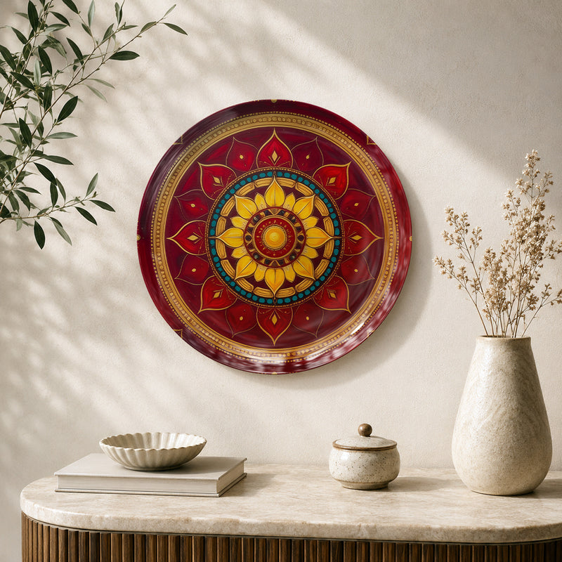 Lotus in Radiance mandala ceramic wall plate featuring golden lotus petals and deep crimson patterns