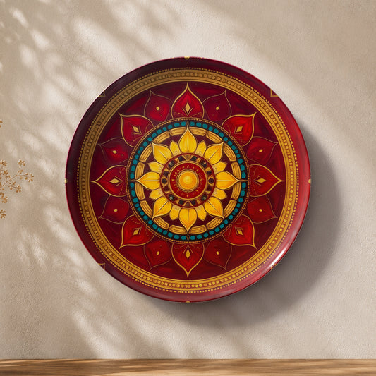 Red and gold mandala ceramic wall plate souvenir with intricate lotus-inspired ornamental artwork