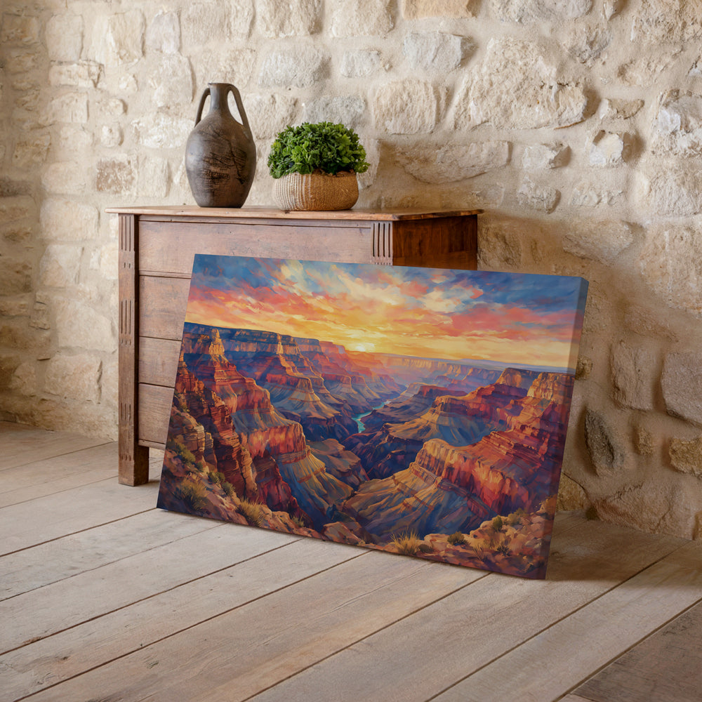 American Southwest landscape wall art showing the Grand Canyon's layered cliffs and valleys beneath a colourful sunset